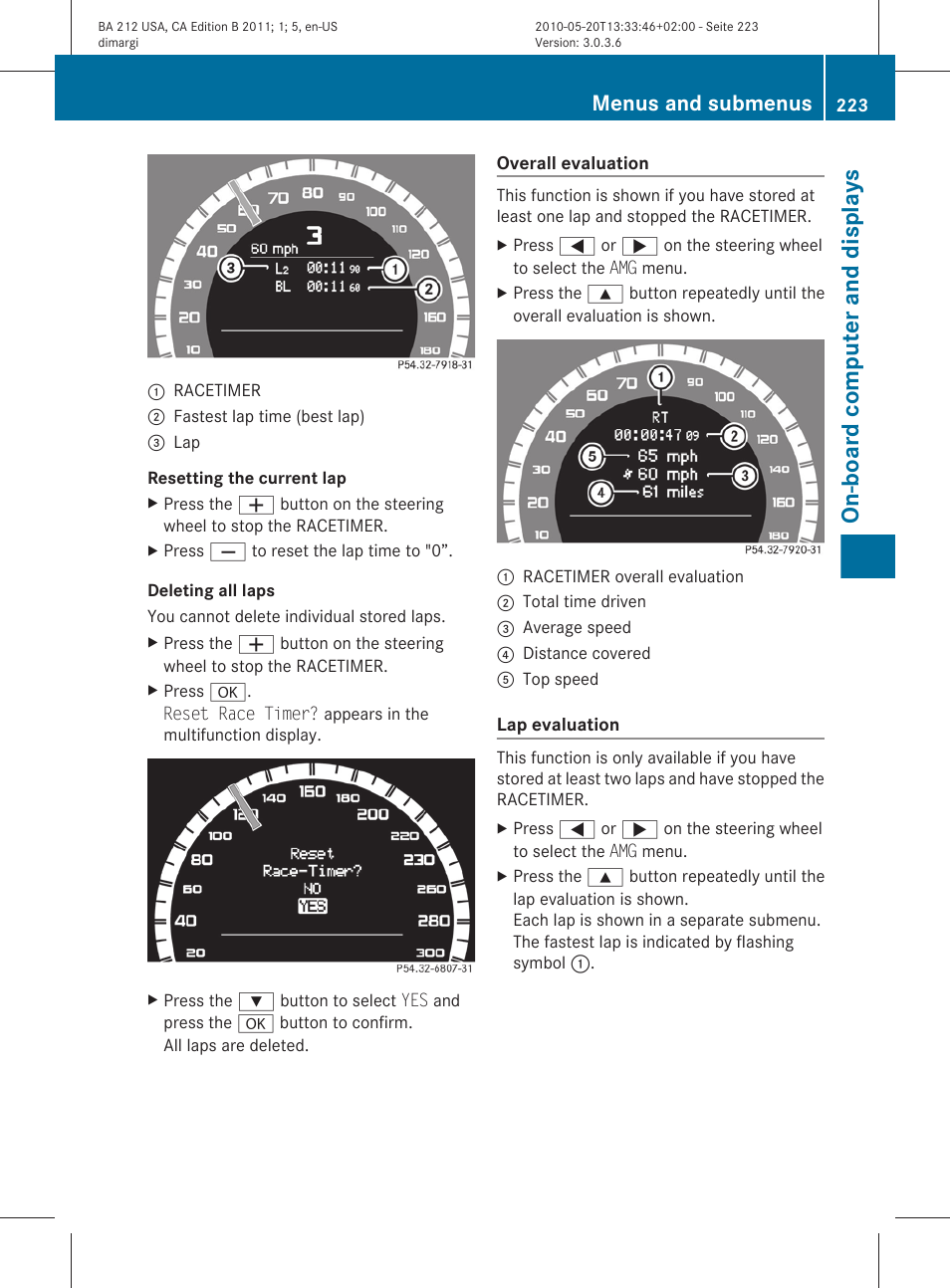 On-board computer and displays, Menus and submenus | Mercedes-Benz 2011 E Class Sedan User Manual | Page 225 / 400