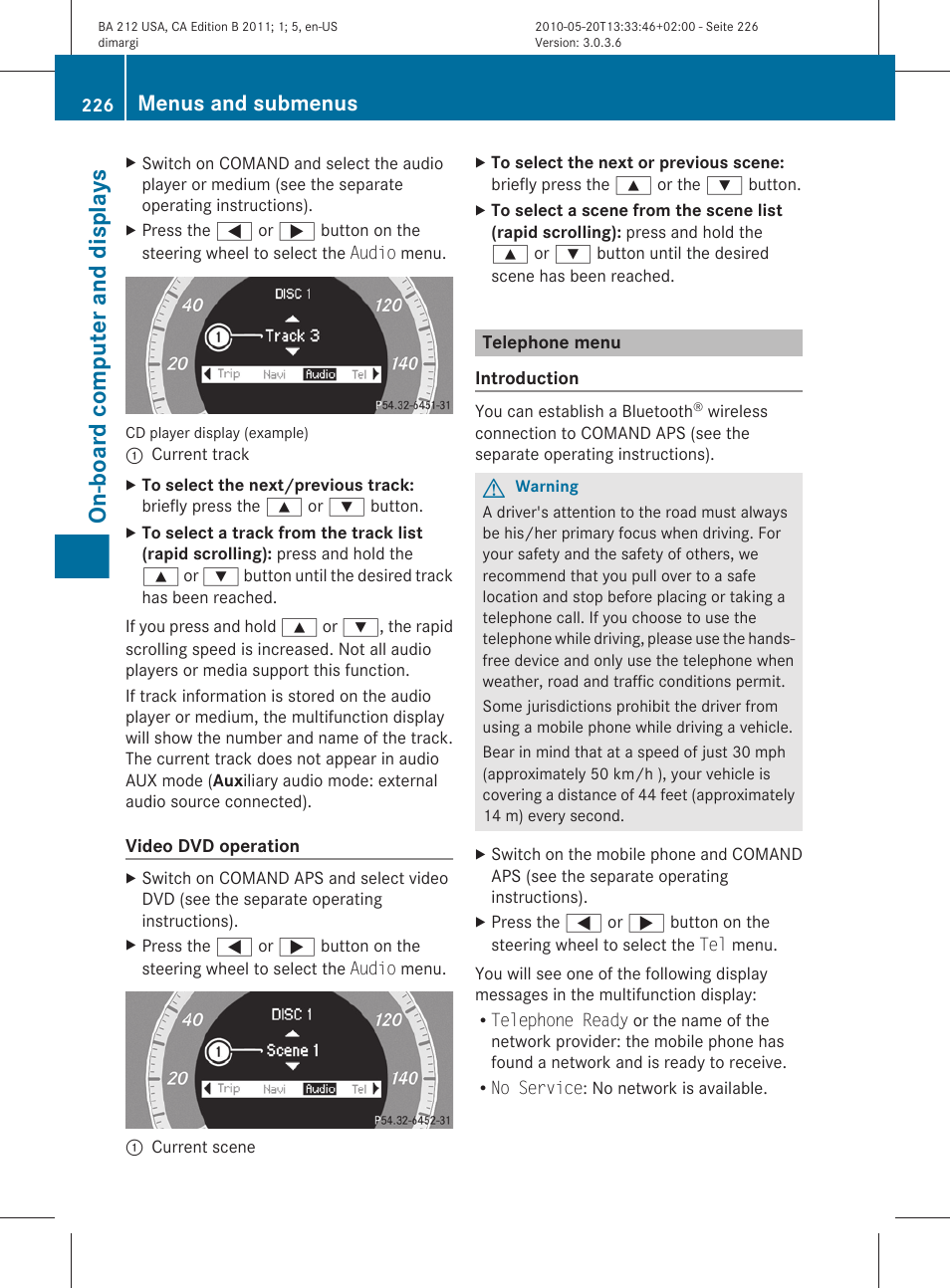 Telephone menu, Menu (telephone), On-board computer and displays | Menus and submenus | Mercedes-Benz 2011 E Class Sedan User Manual | Page 228 / 400