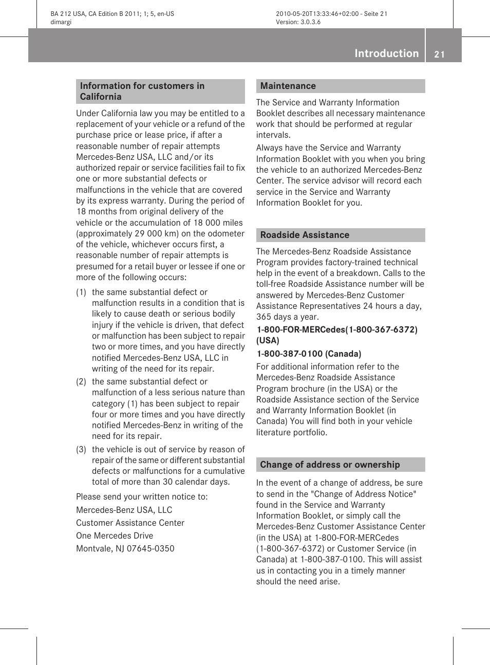 Information for customers in california, Maintenance, Roadside assistance | Change of address or ownership, Introduction | Mercedes-Benz 2011 E Class Sedan User Manual | Page 23 / 400