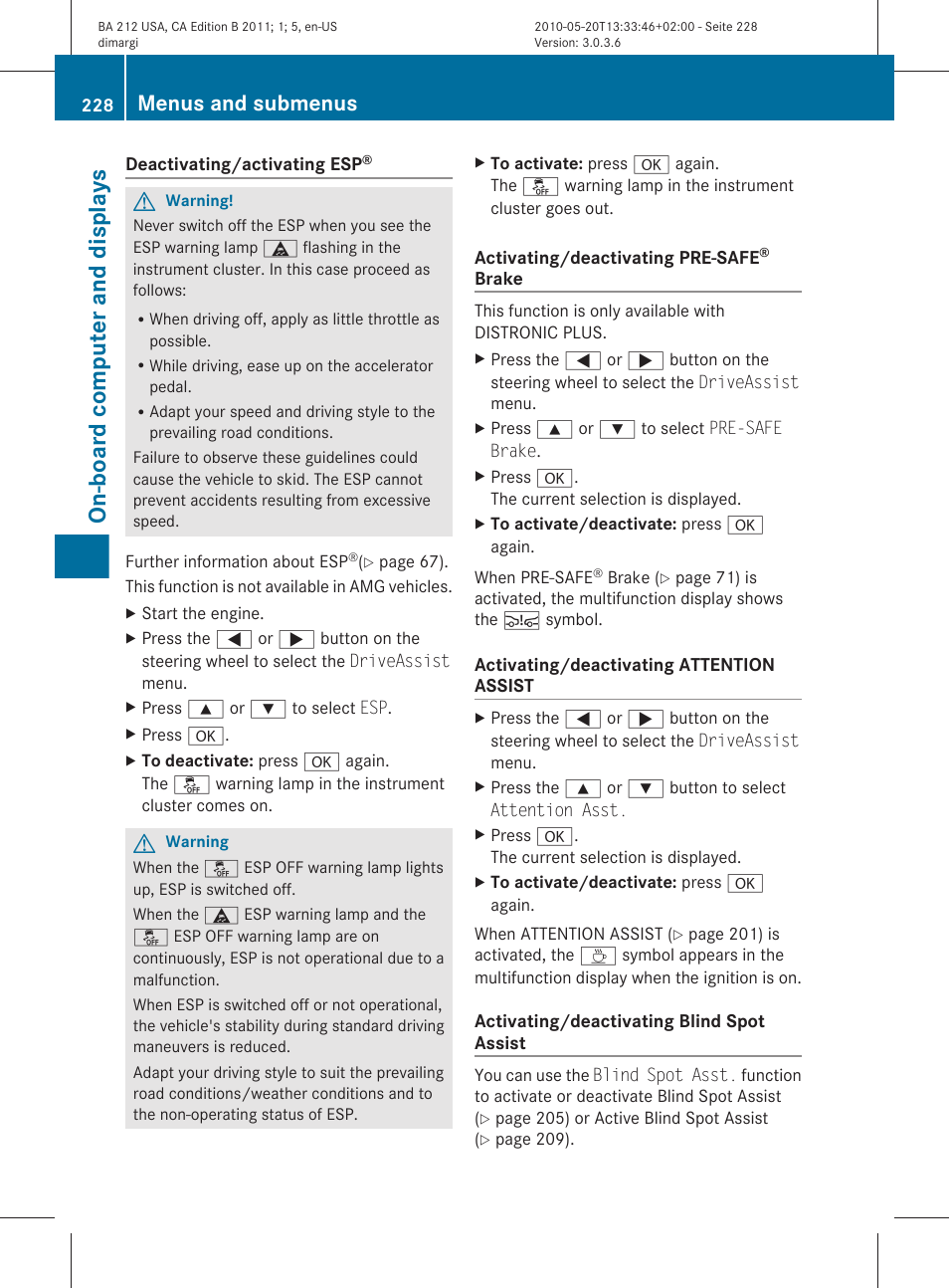 To activate, The on-board computer, On-board computer and displays | Menus and submenus | Mercedes-Benz 2011 E Class Sedan User Manual | Page 230 / 400