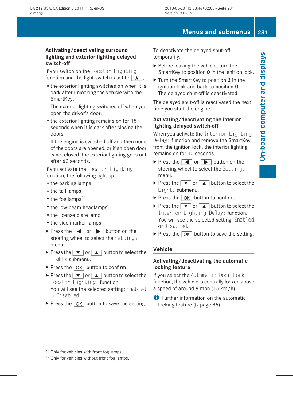 Computer, Locking feature, On-board computer and displays | Menus and submenus | Mercedes-Benz 2011 E Class Sedan User Manual | Page 233 / 400