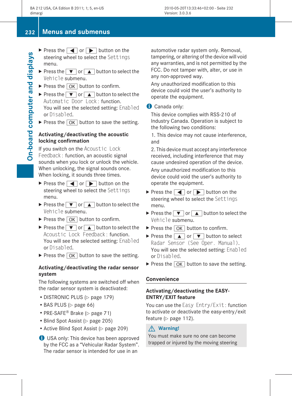 Computer, On-board computer and displays, Menus and submenus | Mercedes-Benz 2011 E Class Sedan User Manual | Page 234 / 400