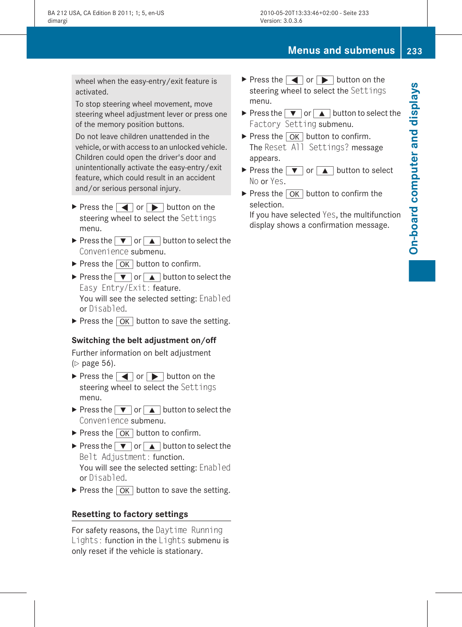 Computer, On-board computer and displays, Menus and submenus | Mercedes-Benz 2011 E Class Sedan User Manual | Page 235 / 400