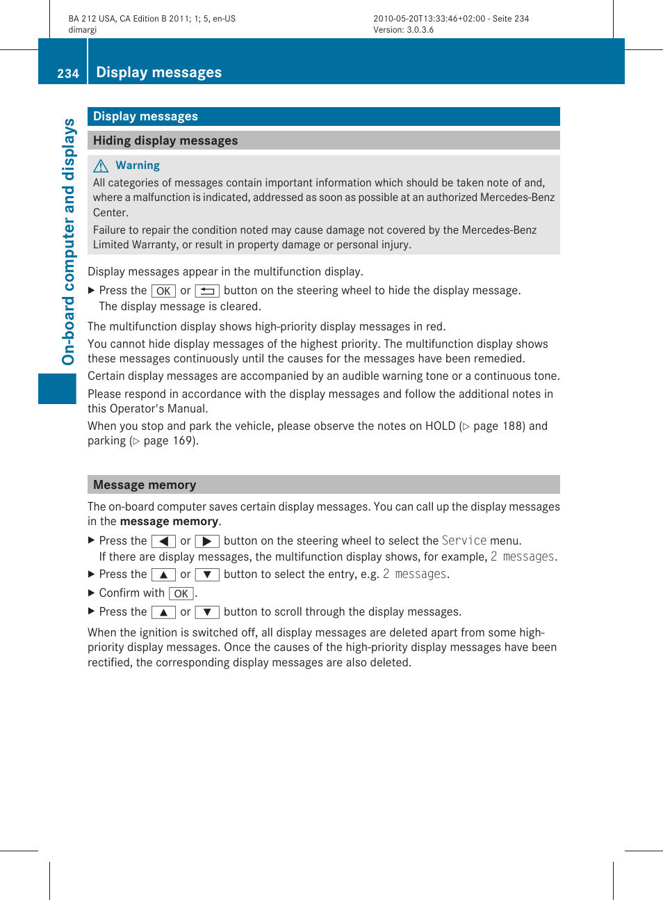 Display messages, Hiding display messages, Message memory | Call up display messages, On-board computer and displays | Mercedes-Benz 2011 E Class Sedan User Manual | Page 236 / 400