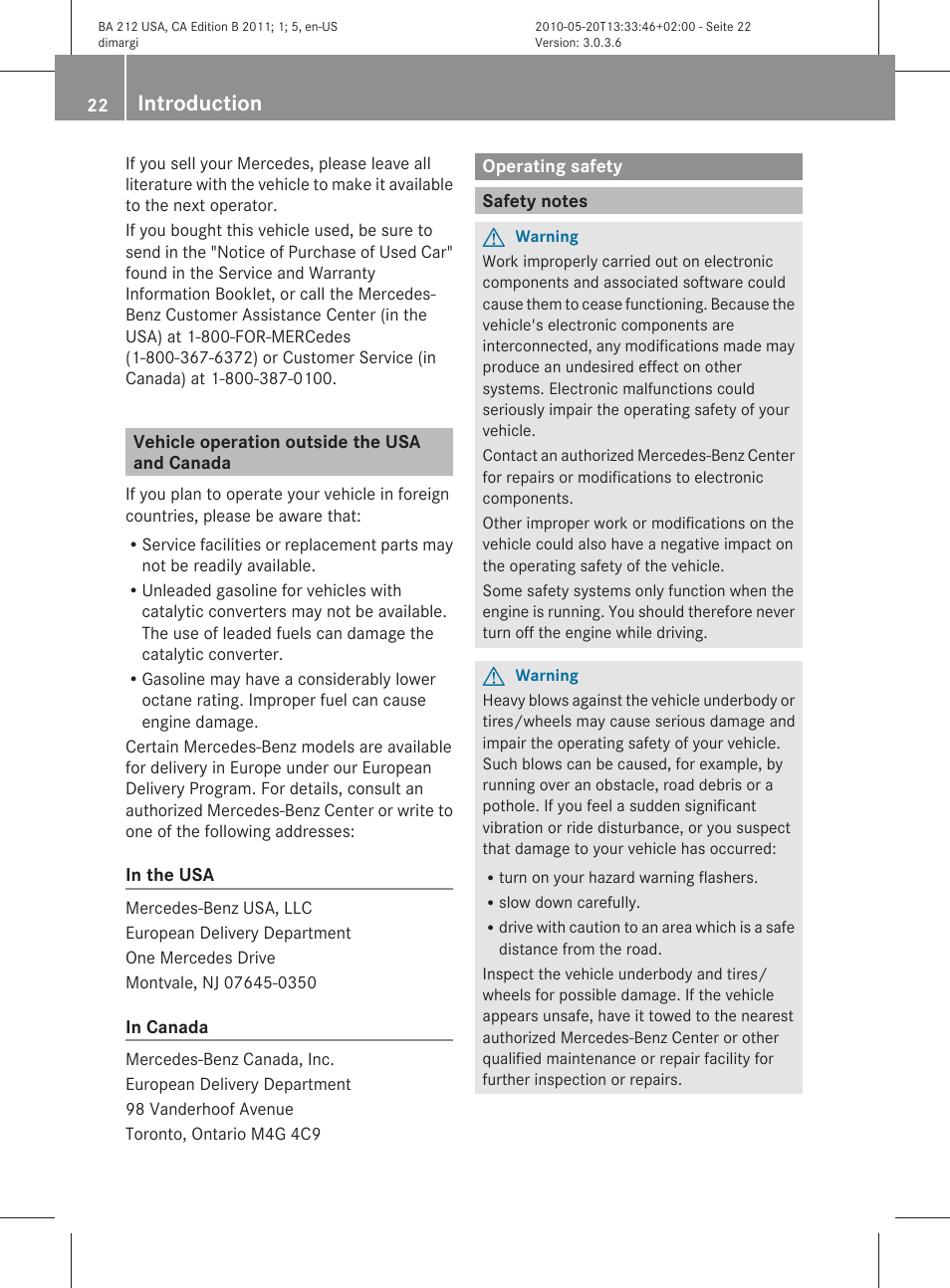 Vehicle operation outside the usa and canada, Operating safety, Safety notes | Introduction | Mercedes-Benz 2011 E Class Sedan User Manual | Page 24 / 400