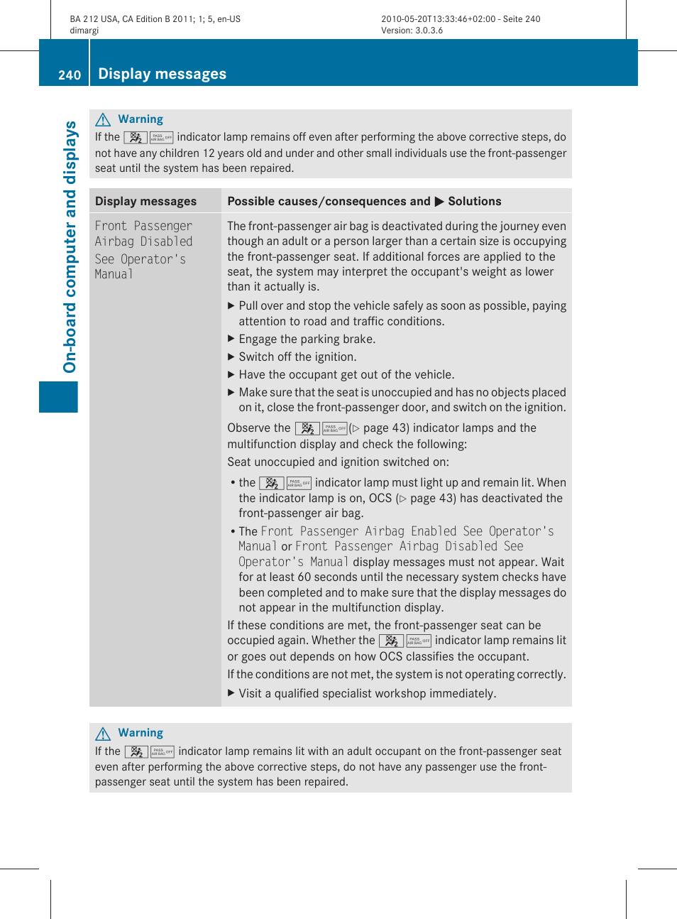 On-board computer and displays, Display messages | Mercedes-Benz 2011 E Class Sedan User Manual | Page 242 / 400