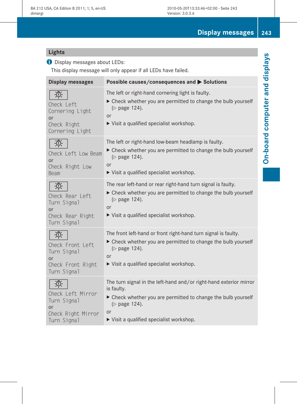 Lights, On-board computer and displays, Display messages | Mercedes-Benz 2011 E Class Sedan User Manual | Page 245 / 400