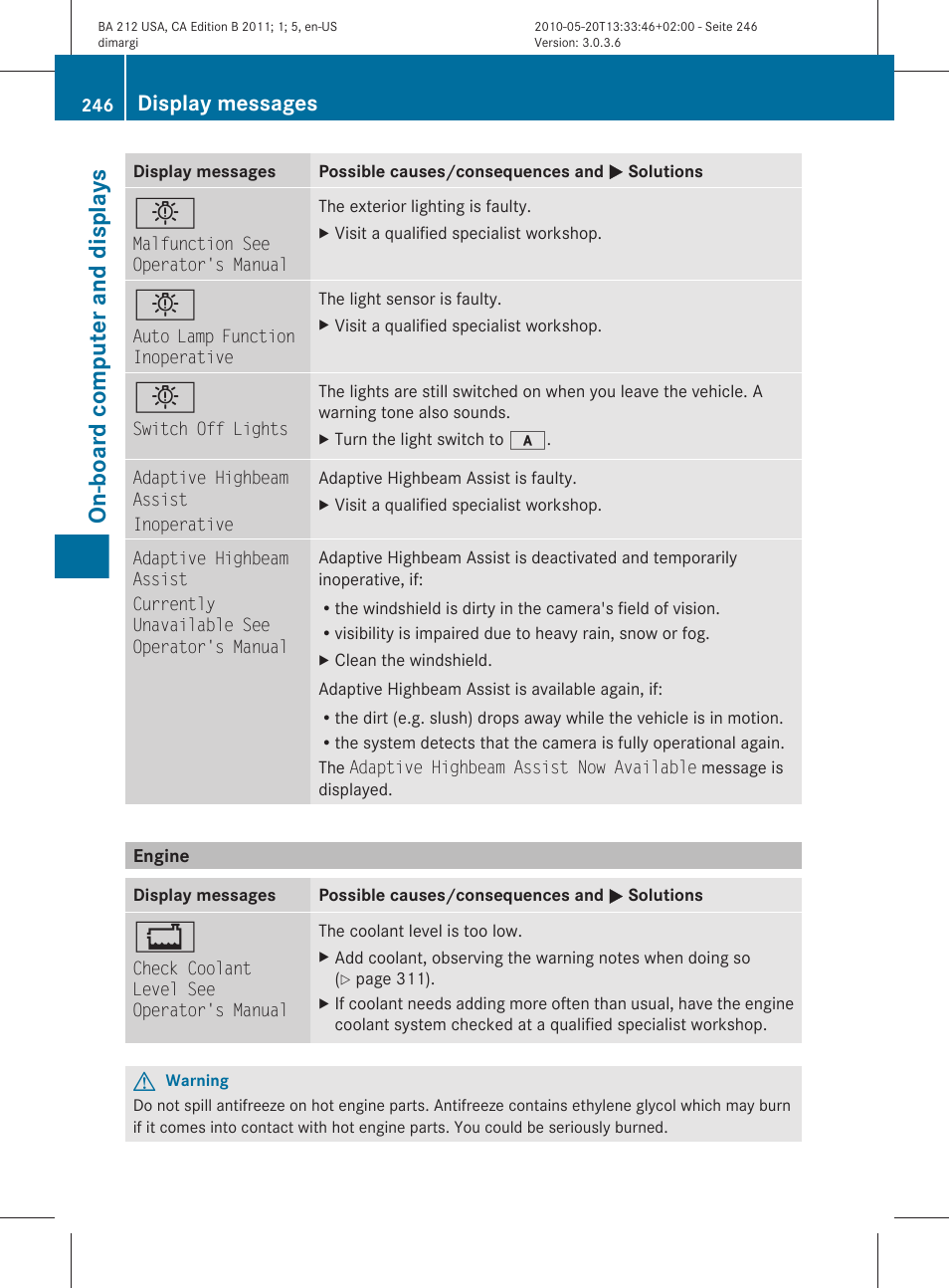 Engine, On-board computer and displays, Display messages | Mercedes-Benz 2011 E Class Sedan User Manual | Page 248 / 400