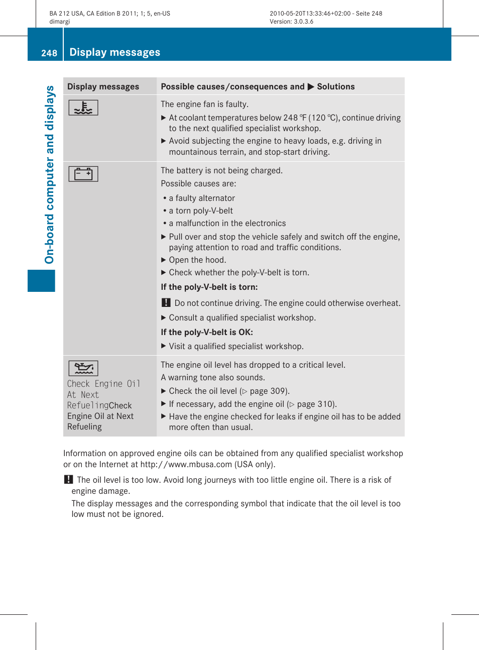 On-board computer and displays, Display messages | Mercedes-Benz 2011 E Class Sedan User Manual | Page 250 / 400