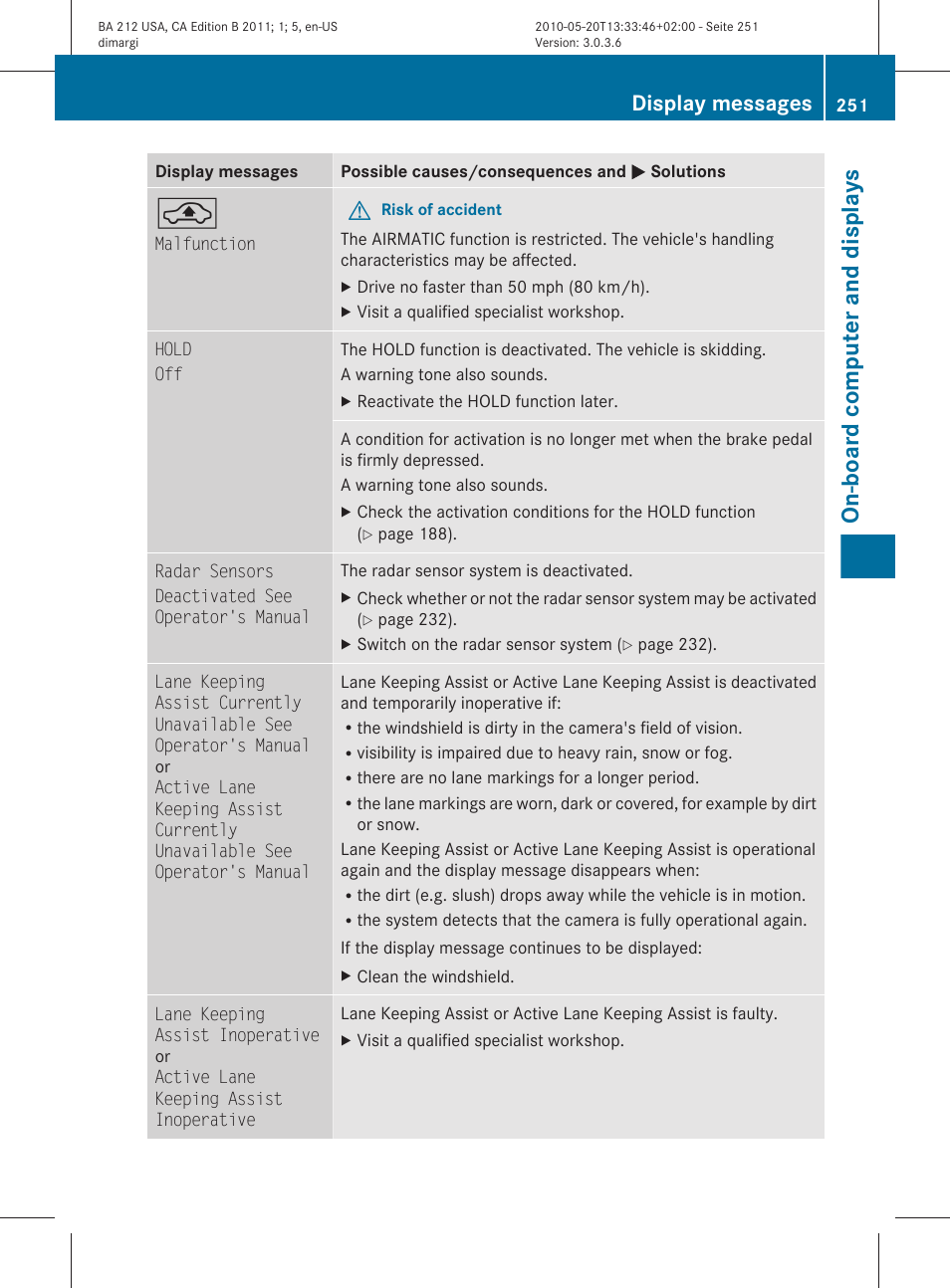 On-board computer and displays, Display messages | Mercedes-Benz 2011 E Class Sedan User Manual | Page 253 / 400