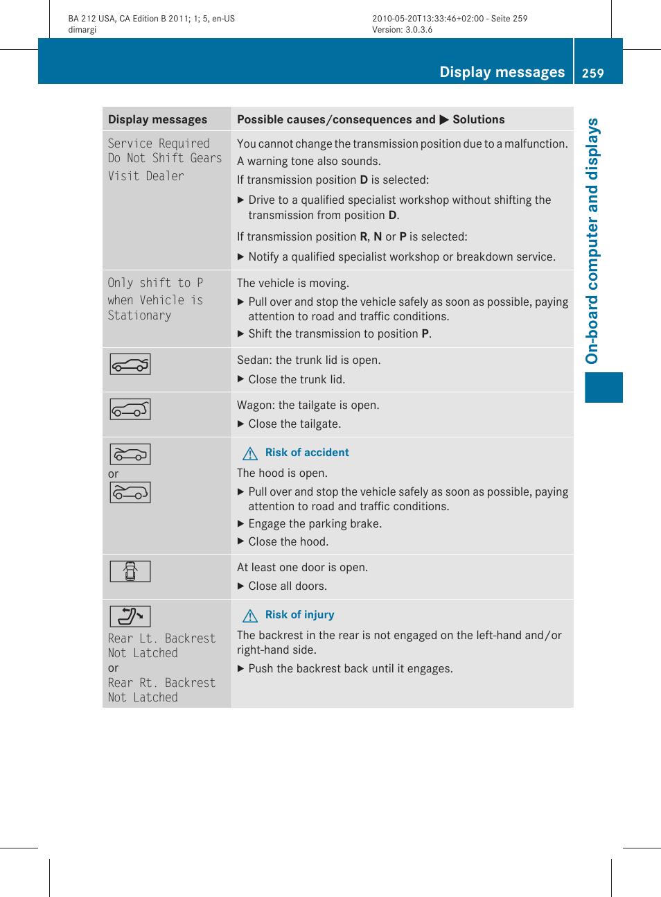 On-board computer and displays, Display messages | Mercedes-Benz 2011 E Class Sedan User Manual | Page 261 / 400