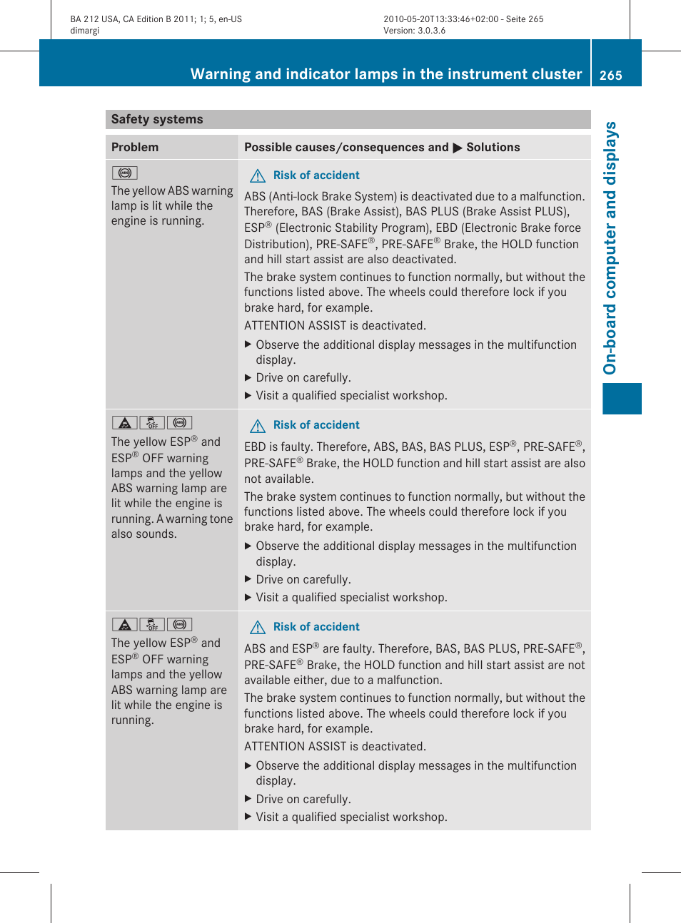 Safety systems, On-board computer and displays | Mercedes-Benz 2011 E Class Sedan User Manual | Page 267 / 400