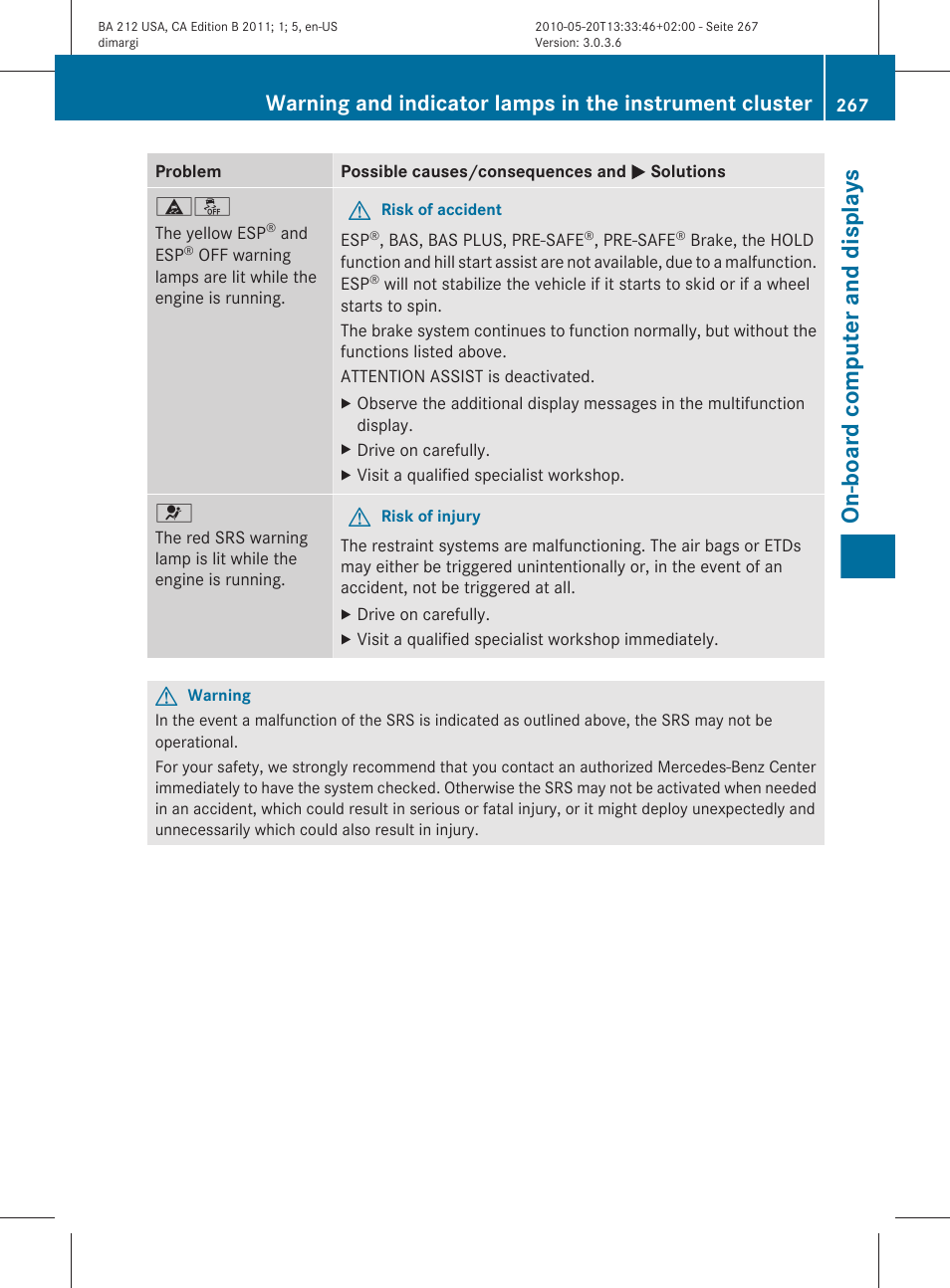 On-board computer and displays | Mercedes-Benz 2011 E Class Sedan User Manual | Page 269 / 400