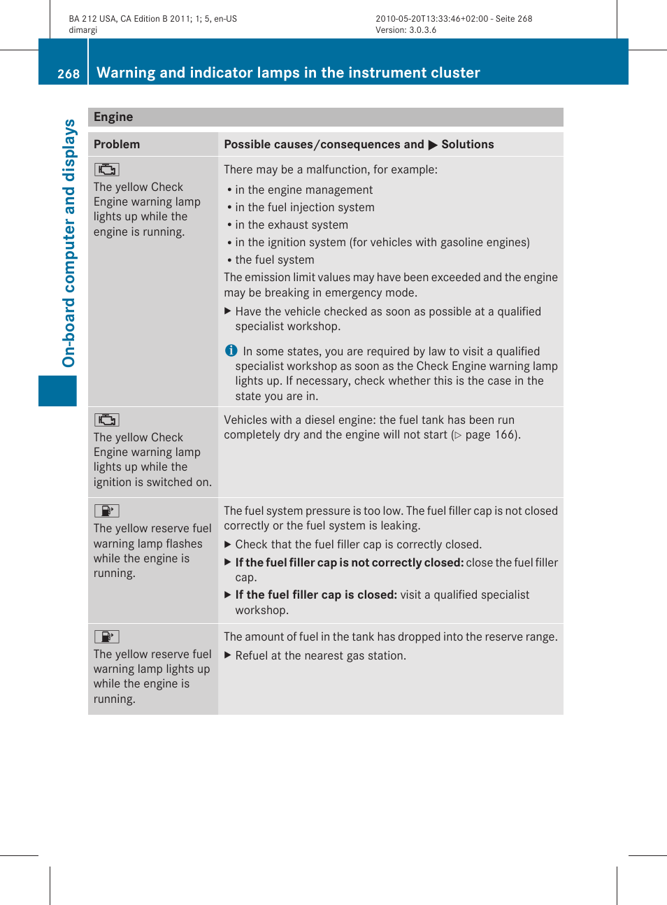 Engine, On-board computer and displays | Mercedes-Benz 2011 E Class Sedan User Manual | Page 270 / 400