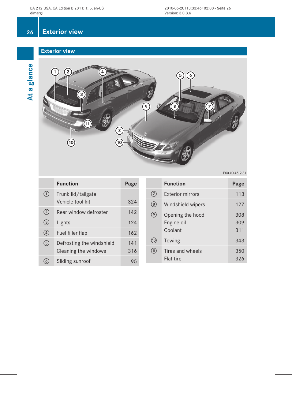 At a glance, Exterior view | Mercedes-Benz 2011 E Class Sedan User Manual | Page 28 / 400