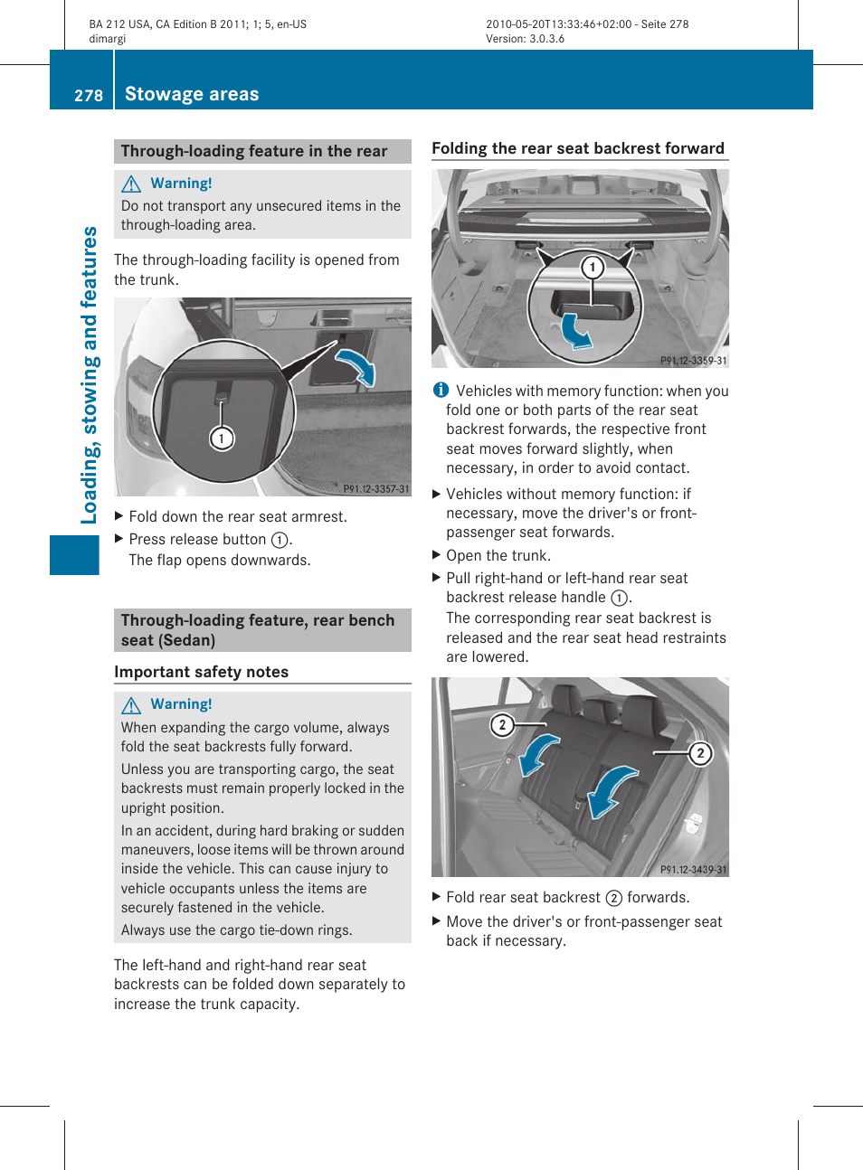 Through-loading feature in the rear, Through-loading feature, rear bench seat (sedan), Bench seat (sedan) | Loading, stowing and features, Stowage areas | Mercedes-Benz 2011 E Class Sedan User Manual | Page 280 / 400