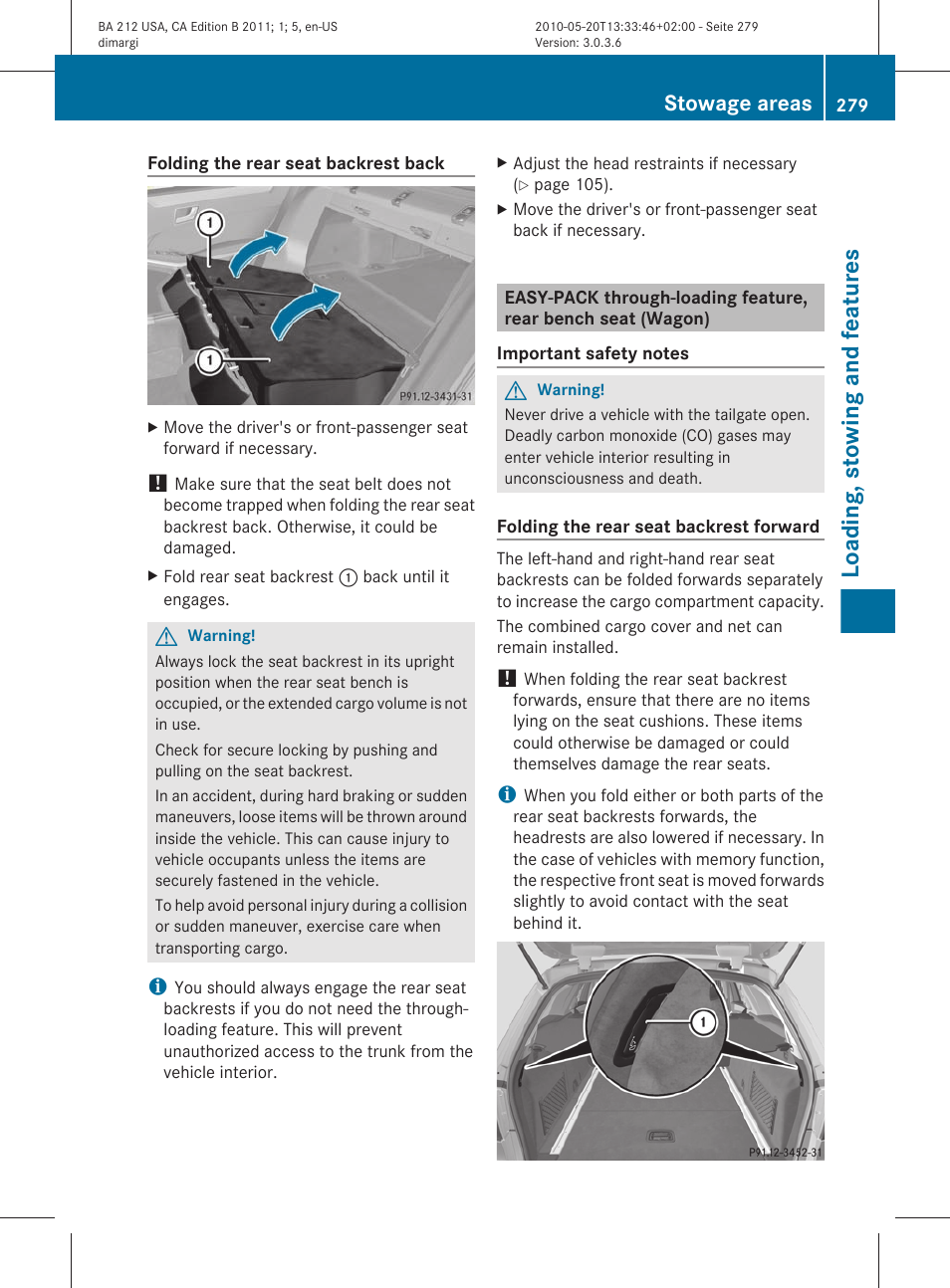 Loading, stowing and features, Stowage areas | Mercedes-Benz 2011 E Class Sedan User Manual | Page 281 / 400