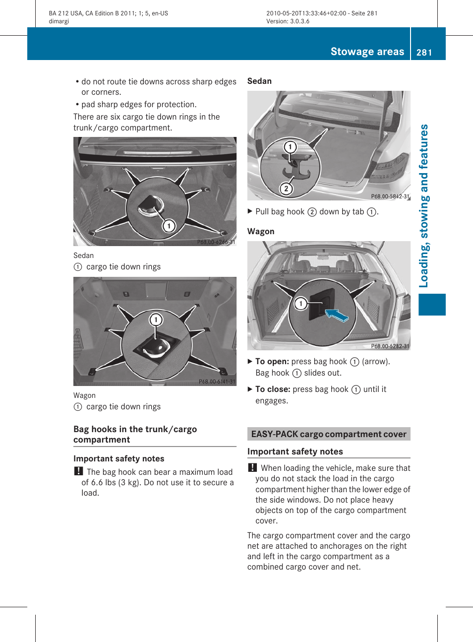 Easy-pack cargo compartment cover, Loading, stowing and features, Stowage areas | Mercedes-Benz 2011 E Class Sedan User Manual | Page 283 / 400