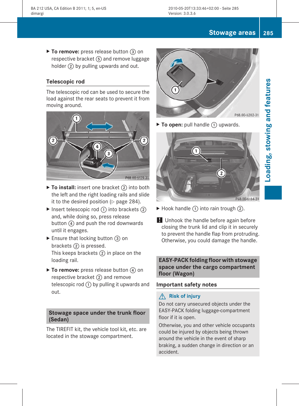 Stowage space under the trunk floor (sedan), Compartment floor, Loading, stowing and features | Stowage areas | Mercedes-Benz 2011 E Class Sedan User Manual | Page 287 / 400