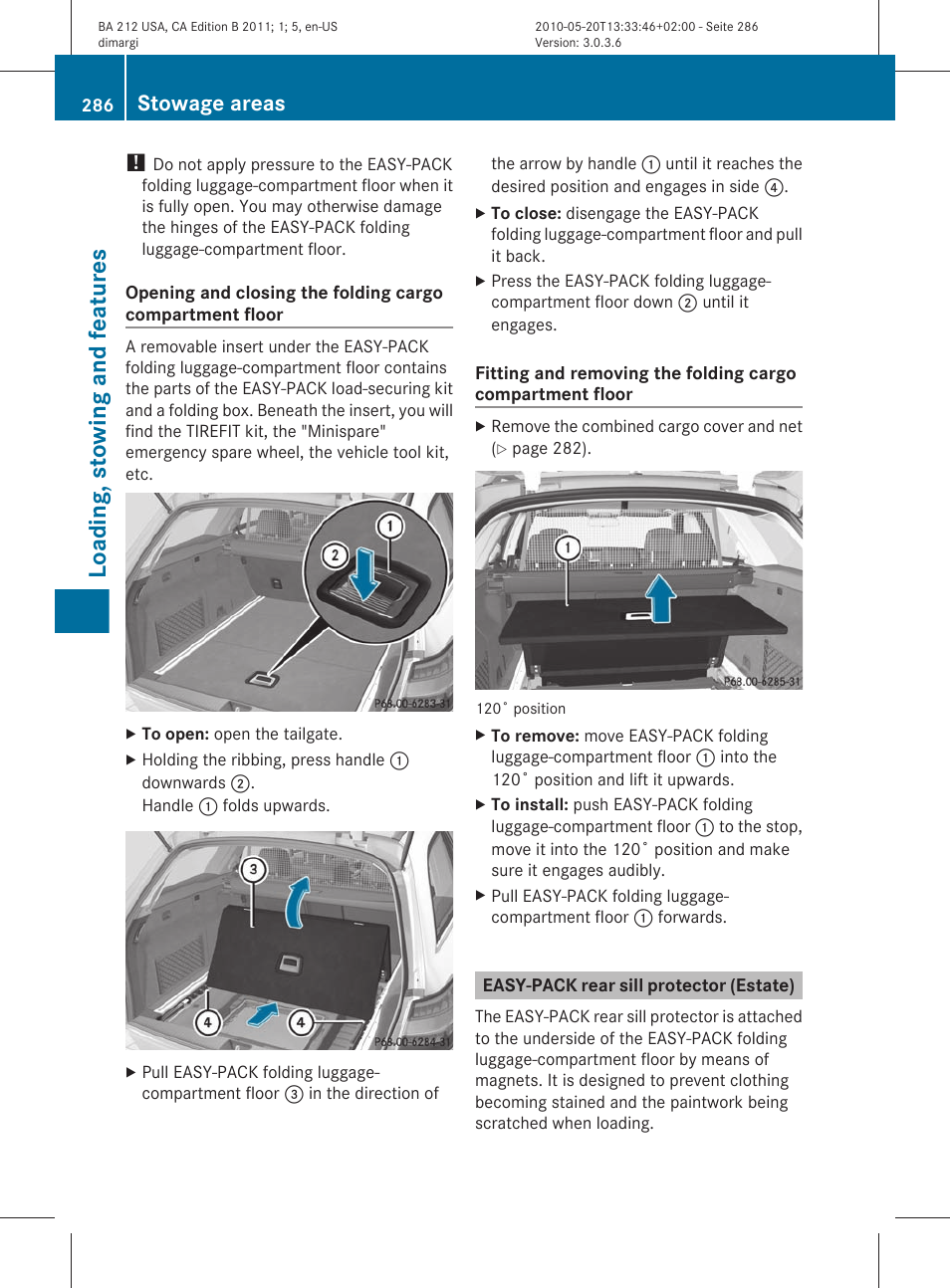 Easy-pack rear sill protector (estate), Loading, stowing and features, Stowage areas | Mercedes-Benz 2011 E Class Sedan User Manual | Page 288 / 400