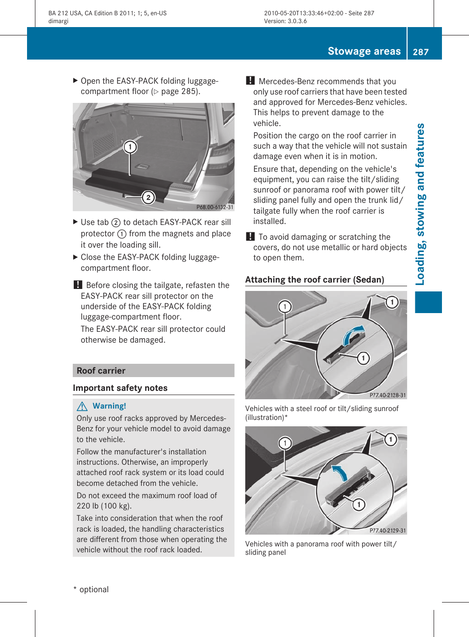 Roof carrier, Loading, stowing and features, Stowage areas | Mercedes-Benz 2011 E Class Sedan User Manual | Page 289 / 400