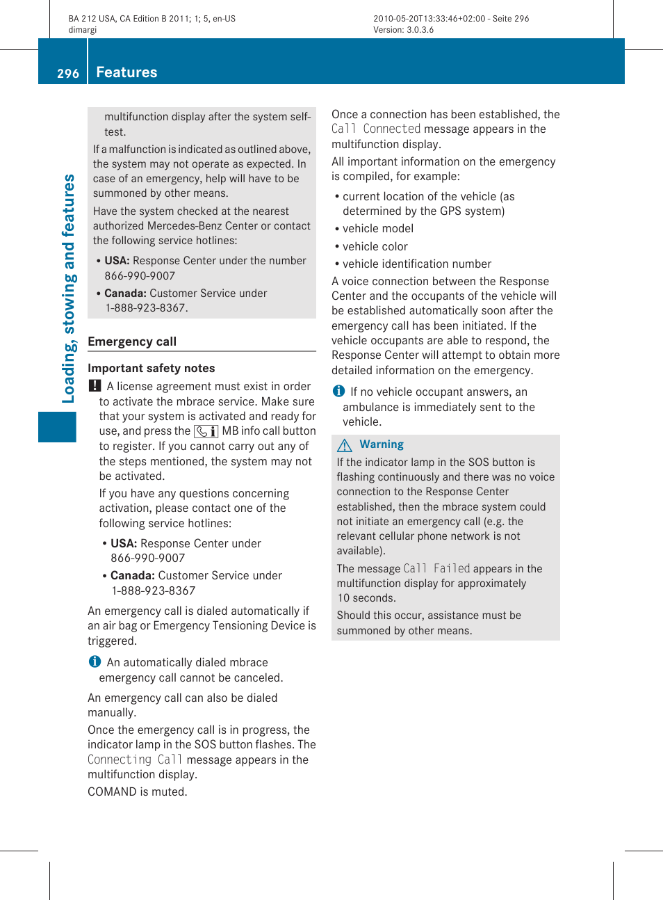 Loading, stowing and features, Features | Mercedes-Benz 2011 E Class Sedan User Manual | Page 298 / 400