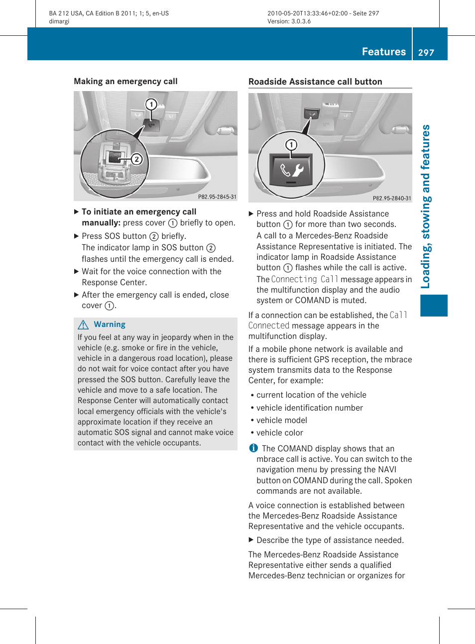 Loading, stowing and features, Features | Mercedes-Benz 2011 E Class Sedan User Manual | Page 299 / 400