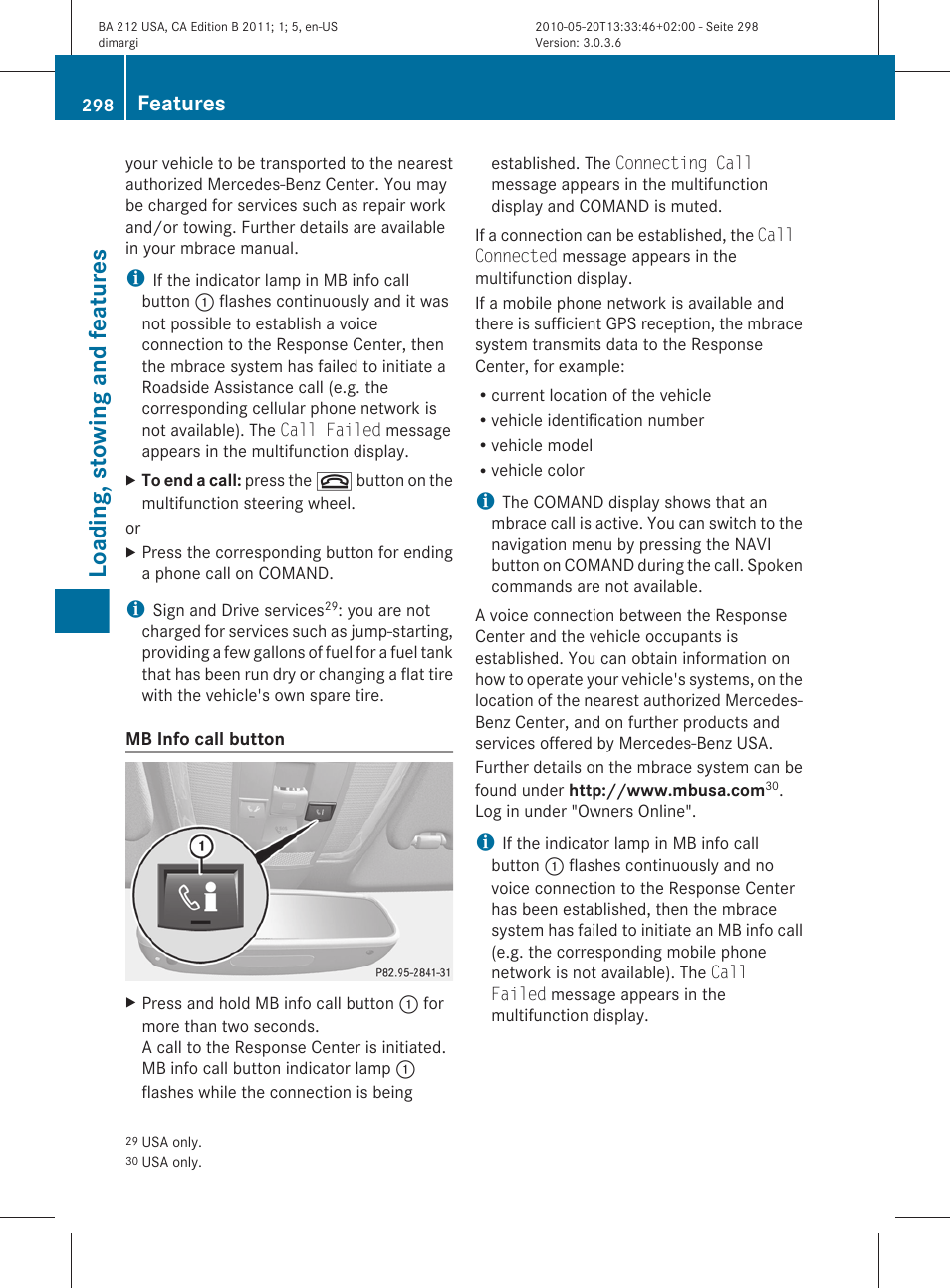 Loading, stowing and features, Features | Mercedes-Benz 2011 E Class Sedan User Manual | Page 300 / 400