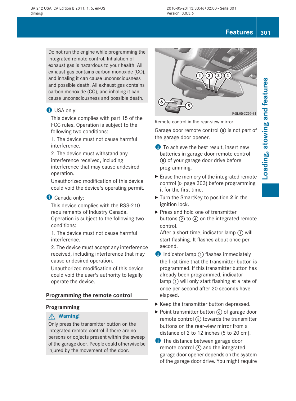 Loading, stowing and features, Features | Mercedes-Benz 2011 E Class Sedan User Manual | Page 303 / 400