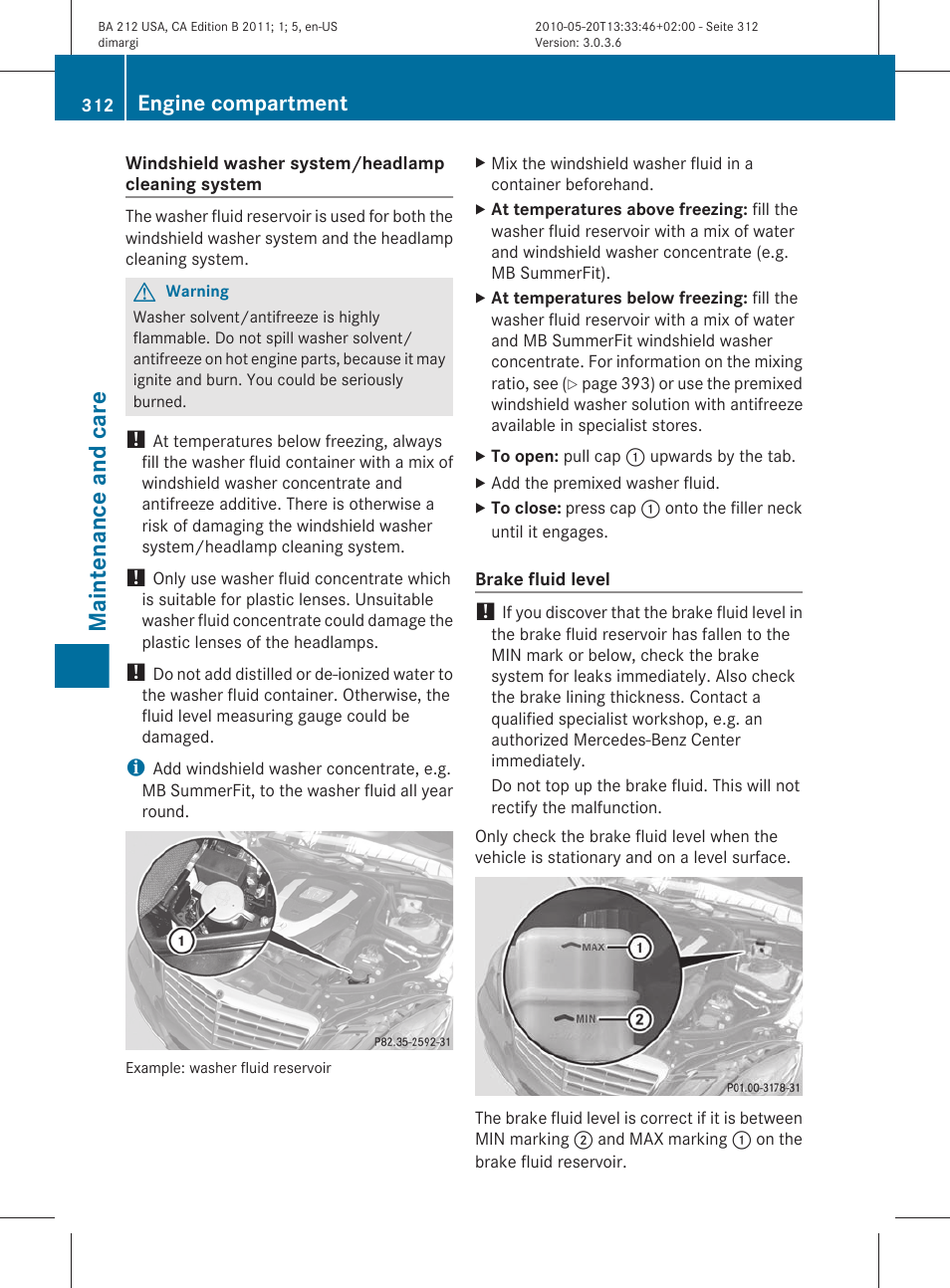 Maintenance and care, Engine compartment | Mercedes-Benz 2011 E Class Sedan User Manual | Page 314 / 400