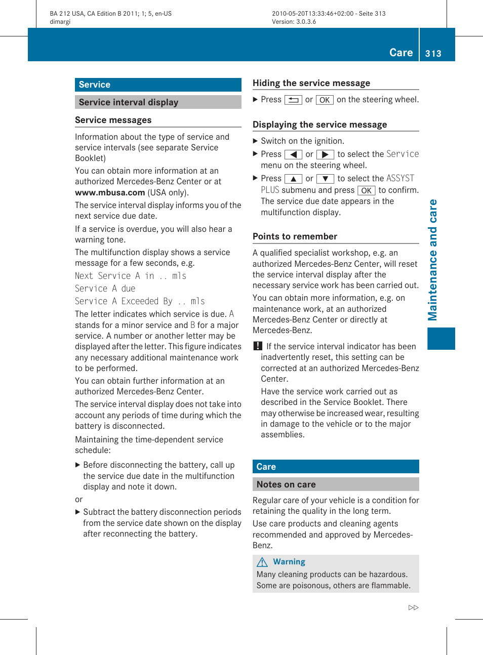 Service, Service interval display, Care | Notes on care, Assyst plus service interval display, Maintenance and care | Mercedes-Benz 2011 E Class Sedan User Manual | Page 315 / 400