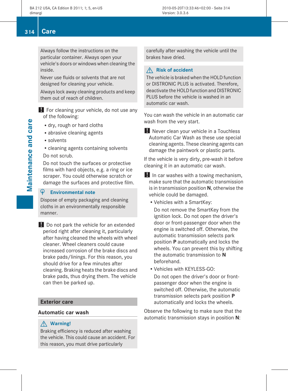 Exterior care, Maintenance and care, Care | Mercedes-Benz 2011 E Class Sedan User Manual | Page 316 / 400