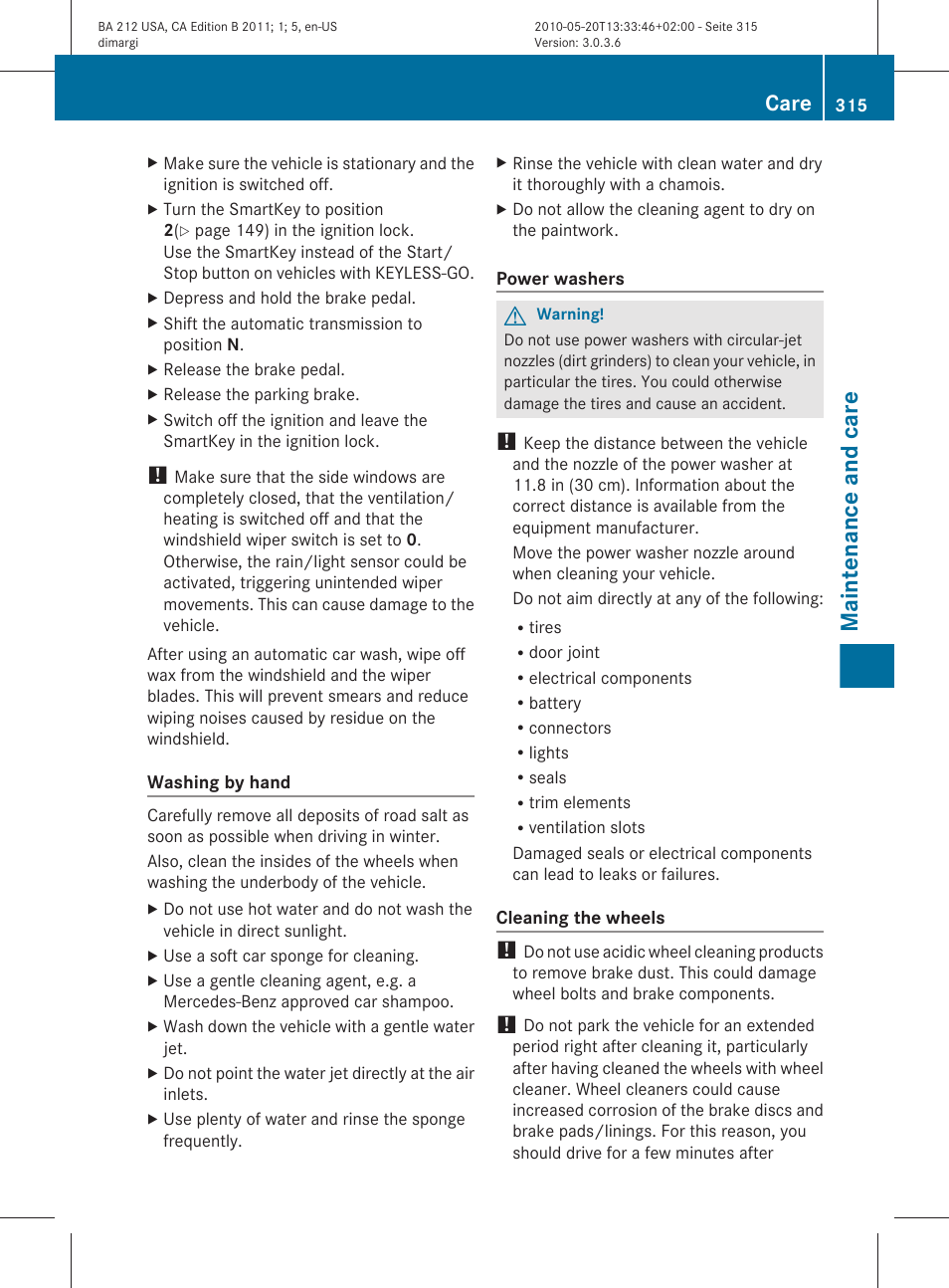 Maintenance and care, Care | Mercedes-Benz 2011 E Class Sedan User Manual | Page 317 / 400