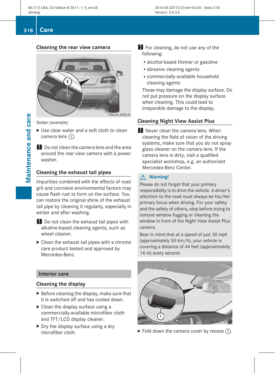 Interior care, Down the camera cover, Fold down the camera cover | Maintenance and care, Care | Mercedes-Benz 2011 E Class Sedan User Manual | Page 320 / 400