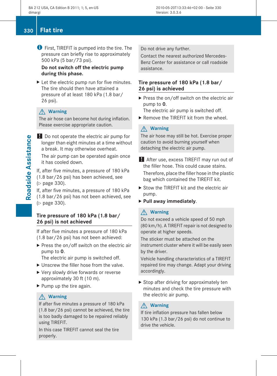 Roadside assistance, Flat tire | Mercedes-Benz 2011 E Class Sedan User Manual | Page 332 / 400