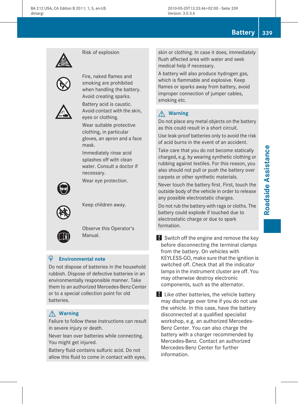 Roadside assistance, Battery | Mercedes-Benz 2011 E Class Sedan User Manual | Page 341 / 400