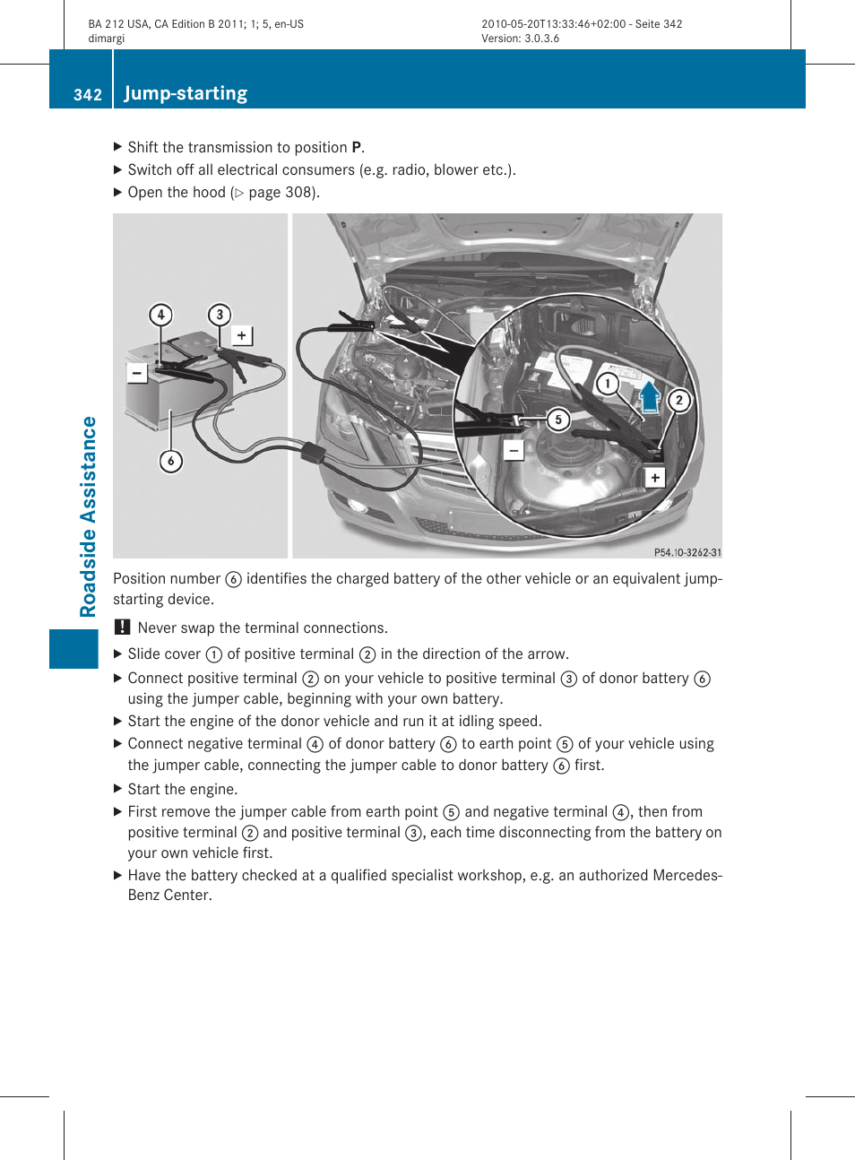 Roadside assistance, Jump-starting | Mercedes-Benz 2011 E Class Sedan User Manual | Page 344 / 400