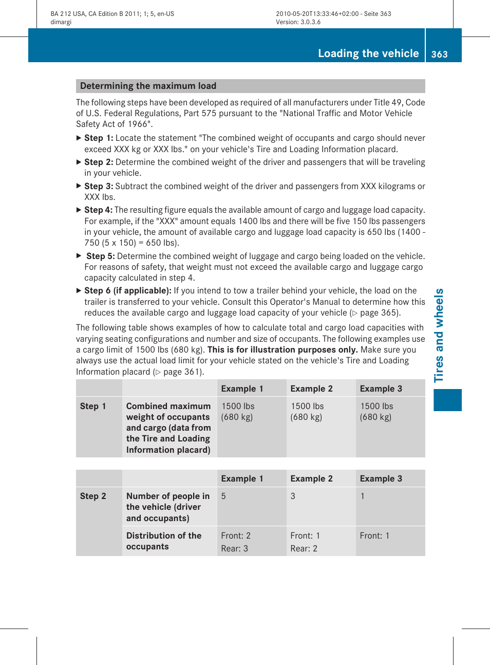 Determining the maximum load, Tires and wheels, Loading the vehicle | Mercedes-Benz 2011 E Class Sedan User Manual | Page 365 / 400