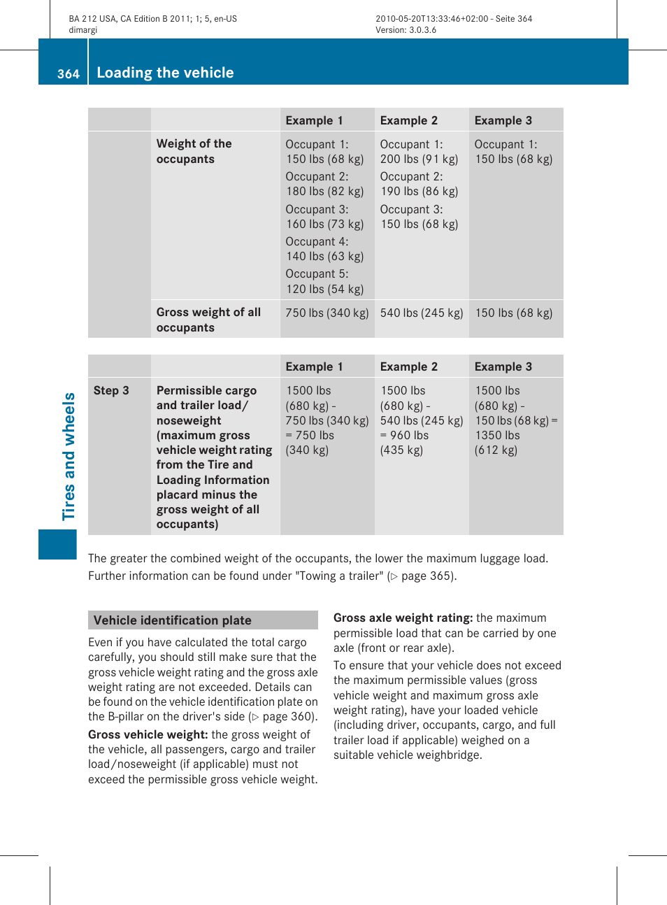 Vehicle identification plate, Tires and wheels, Loading the vehicle | Mercedes-Benz 2011 E Class Sedan User Manual | Page 366 / 400