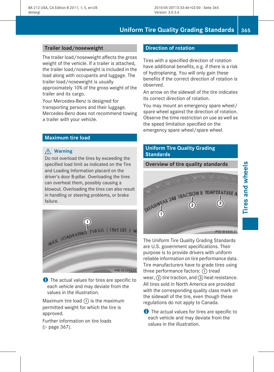 Trailer load/noseweight, Maximum tire load, Direction of rotation | Uniform tire quality grading standards, Overview of tire quality standards, Tires and wheels | Mercedes-Benz 2011 E Class Sedan User Manual | Page 367 / 400