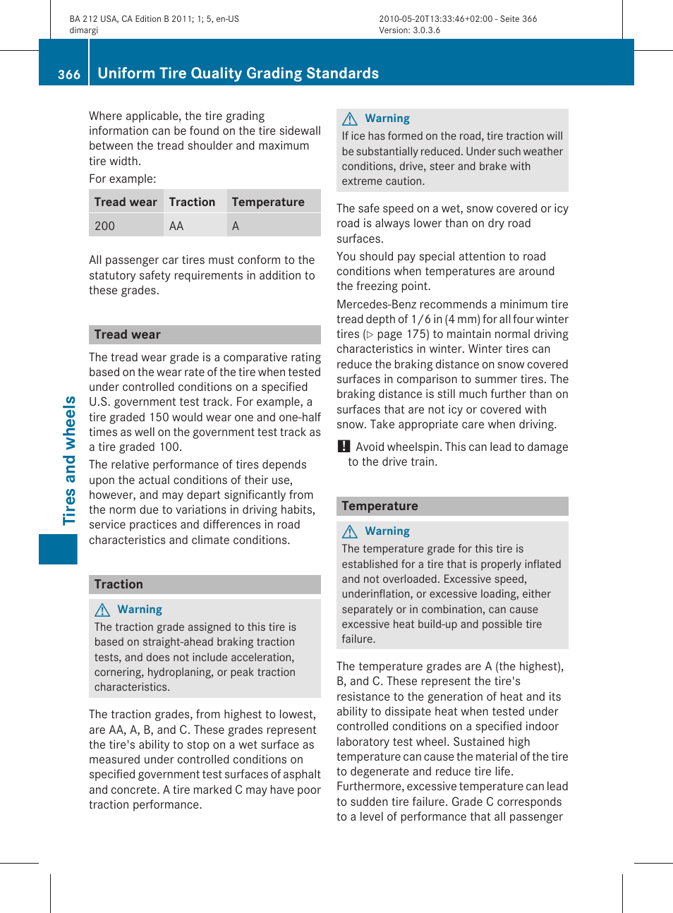 Tread wear, Traction, Temperature | Tires and wheels, Uniform tire quality grading standards | Mercedes-Benz 2011 E Class Sedan User Manual | Page 368 / 400