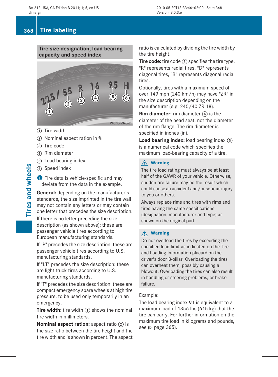 Sidewall, Capacity and speed index, Tires and wheels | Tire labeling | Mercedes-Benz 2011 E Class Sedan User Manual | Page 370 / 400