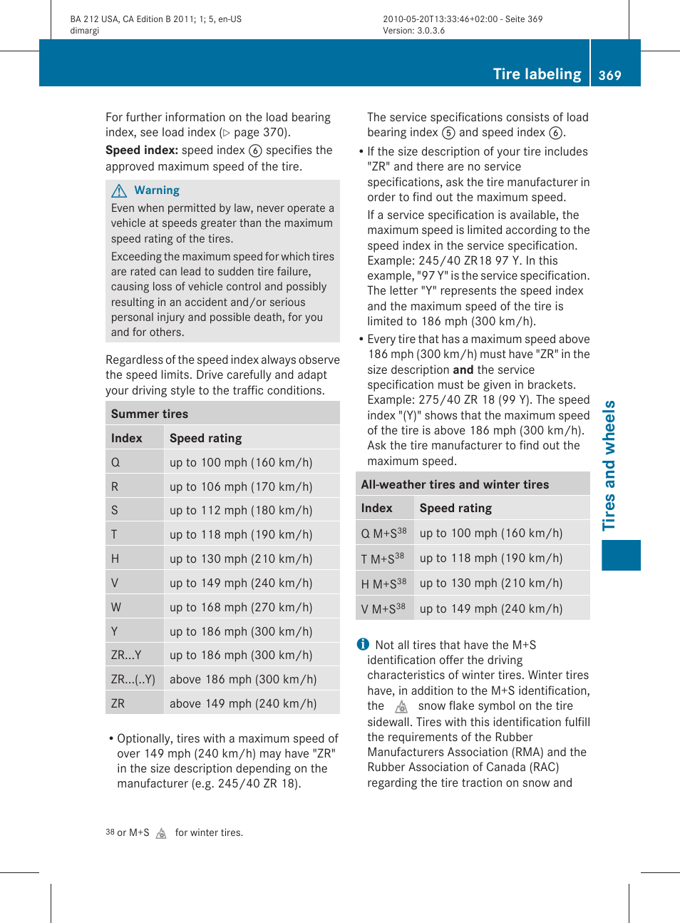 Tires and wheels, Tire labeling | Mercedes-Benz 2011 E Class Sedan User Manual | Page 371 / 400