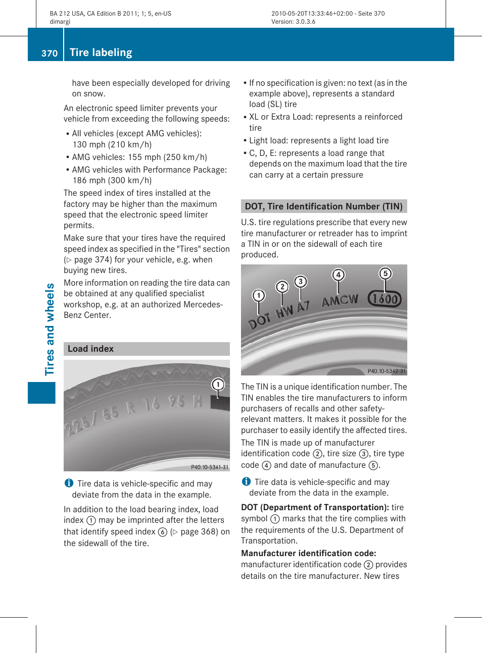 Load index, Dot, tire identification number (tin), Tires and wheels | Tire labeling | Mercedes-Benz 2011 E Class Sedan User Manual | Page 372 / 400