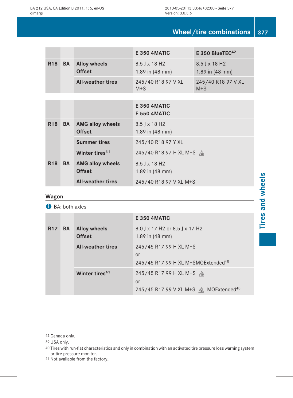 Tires and wheels, Wheel/tire combinations | Mercedes-Benz 2011 E Class Sedan User Manual | Page 379 / 400