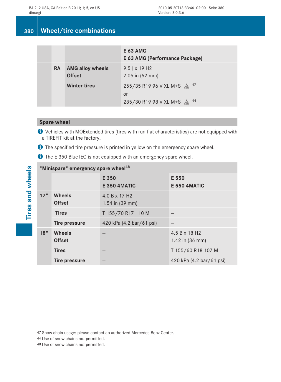 Spare wheel, Tires and wheels, Wheel/tire combinations | Mercedes-Benz 2011 E Class Sedan User Manual | Page 382 / 400