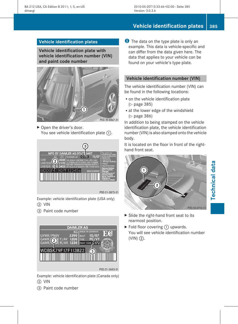 Vehicle identification plates, Vehicle identification number (vin), Identification plate | Technical data | Mercedes-Benz 2011 E Class Sedan User Manual | Page 387 / 400