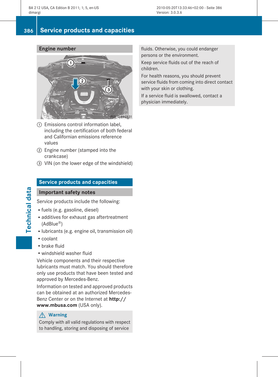 Engine number, Service products and capacities, Important safety notes | Technical data | Mercedes-Benz 2011 E Class Sedan User Manual | Page 388 / 400