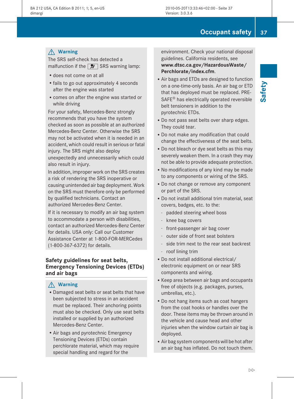 Safety, Occupant safety | Mercedes-Benz 2011 E Class Sedan User Manual | Page 39 / 400