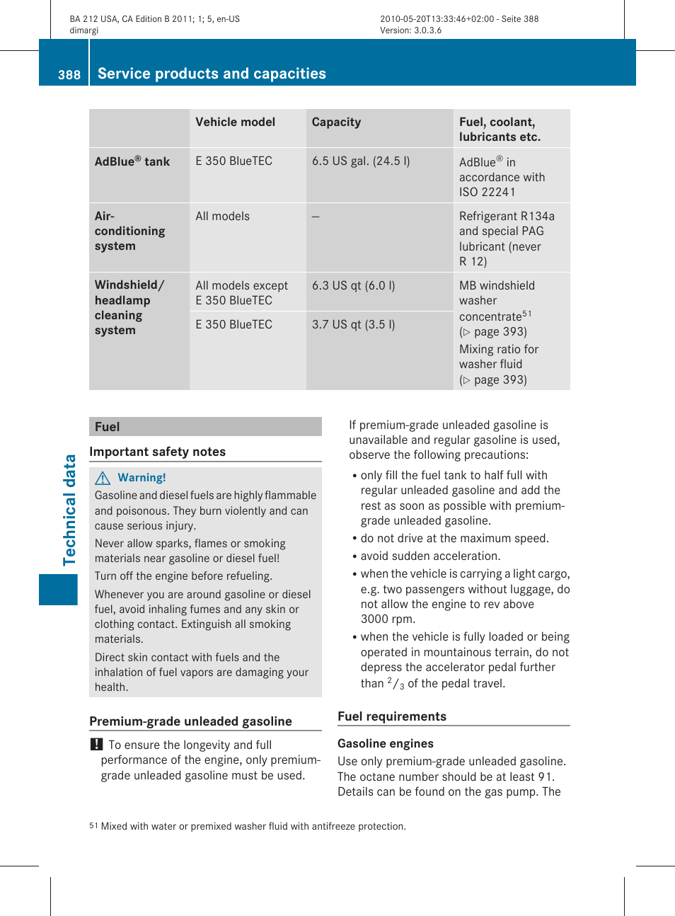 Fuel, Technical data, Service products and capacities | Mercedes-Benz 2011 E Class Sedan User Manual | Page 390 / 400